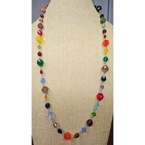 30" Rainbow Glass Bead Link Necklace Pullover No Clasp